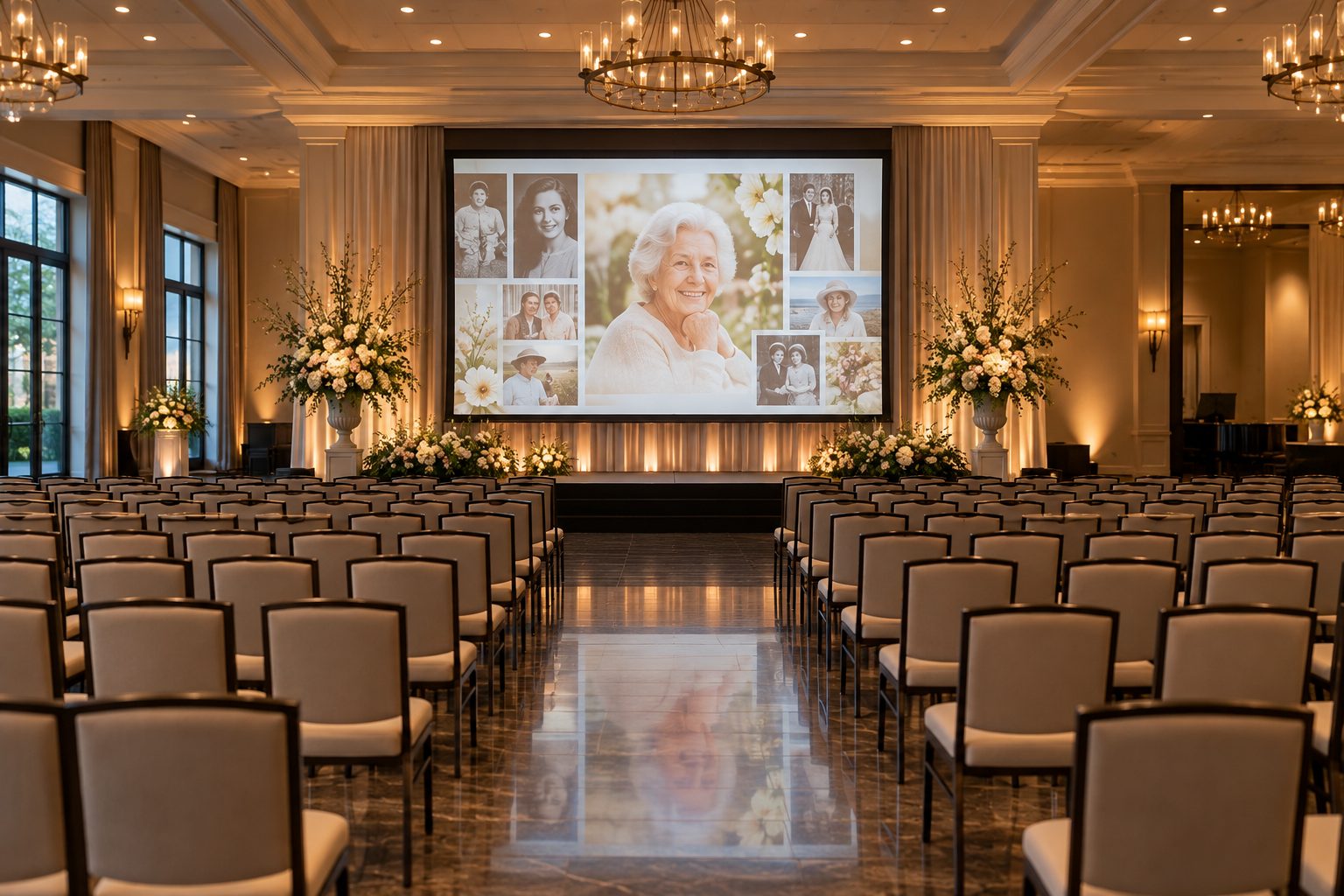 Memorial photo tribute displayed on a large screen in a chapel during the service