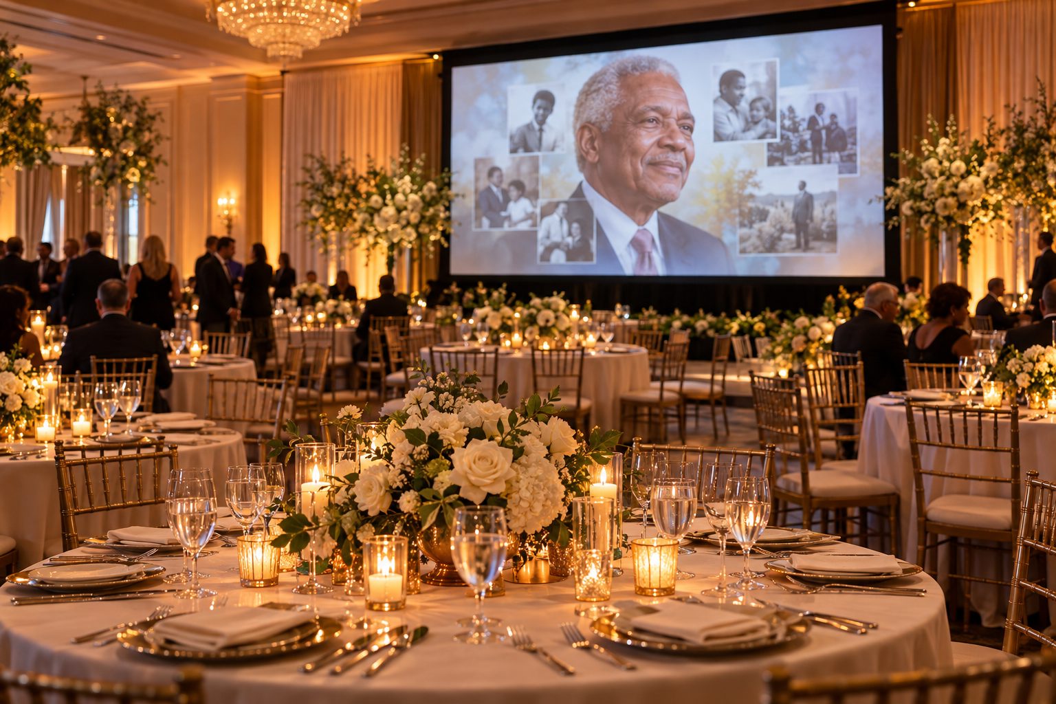 Photo tribute playing on a large screen in a decorated banquet hall during the repast