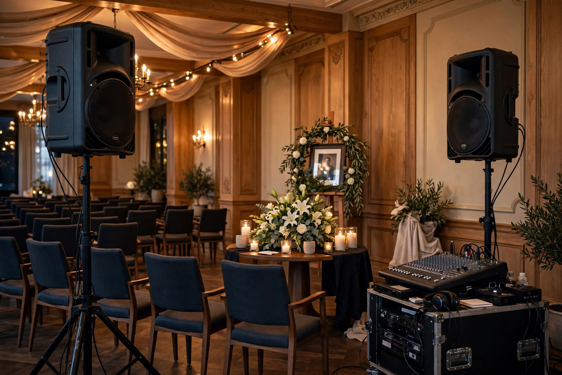 Professional PA speakers and audio mixer set up at a memorial gathering